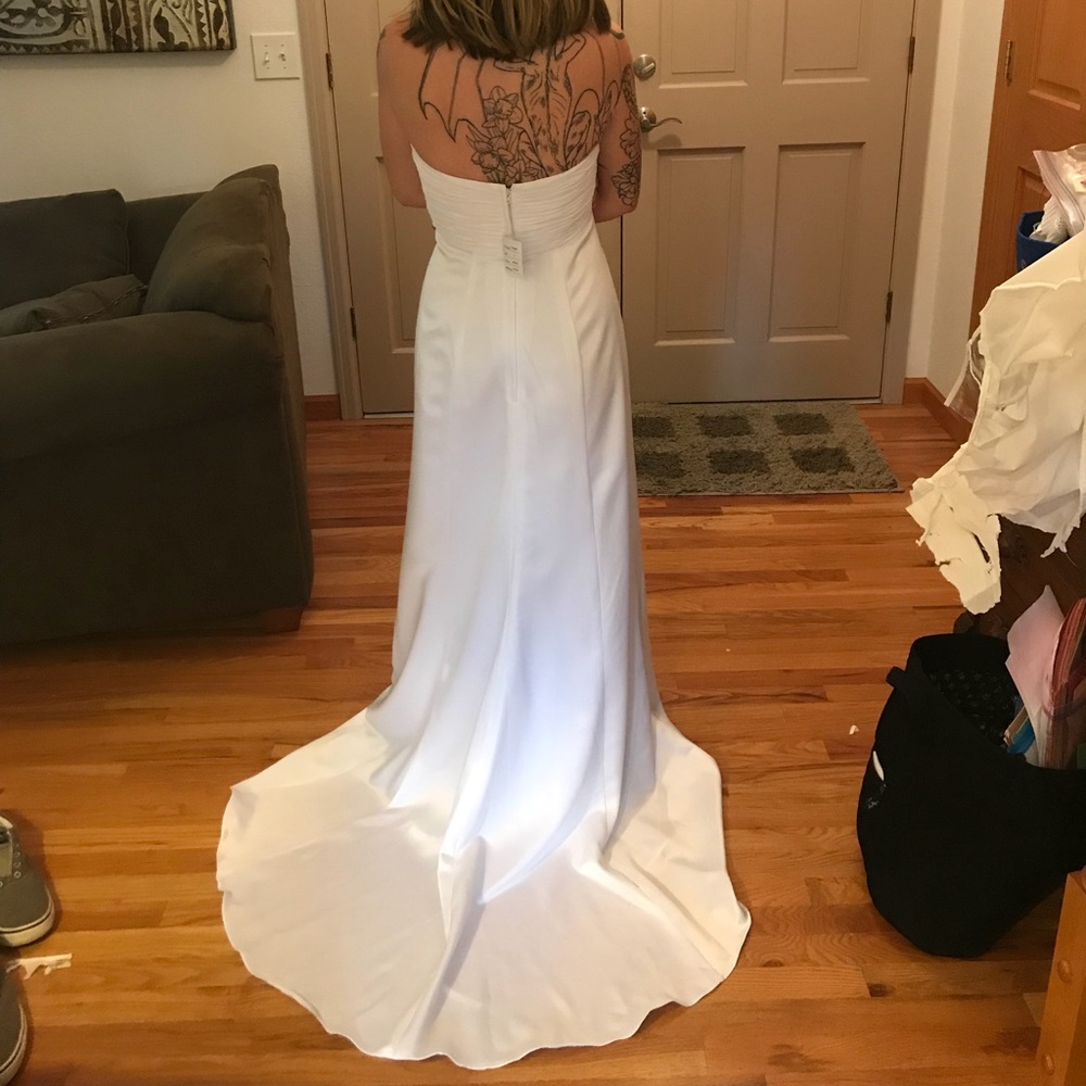 Strapless satin wedding dress.